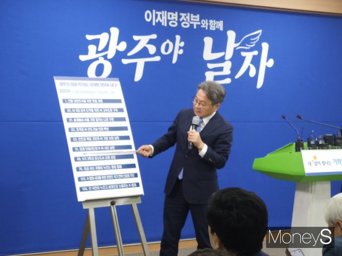 강기정 광주광역시장이 13일 시청 브리핑실에서 국정과제 반영 성과를 브리핑 하고 있다. 