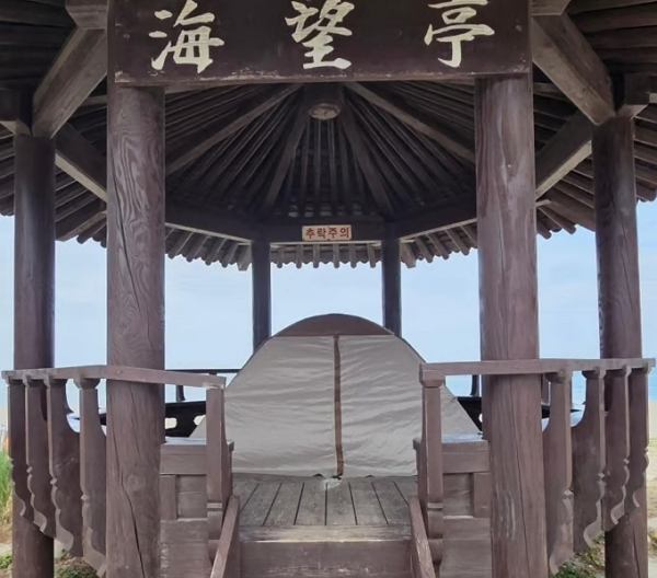 삼척 한 해수욕장 정자 바닥을 뚫고 텐트를 친 민폐 캠핑족이 공분을 사고 있다. 사진은 삼척 하맹방 해변에 있는 정자 '해망정'에 텐트가 쳐진 모습. /사진=온라인 커뮤니티 '보배드림' 캡처