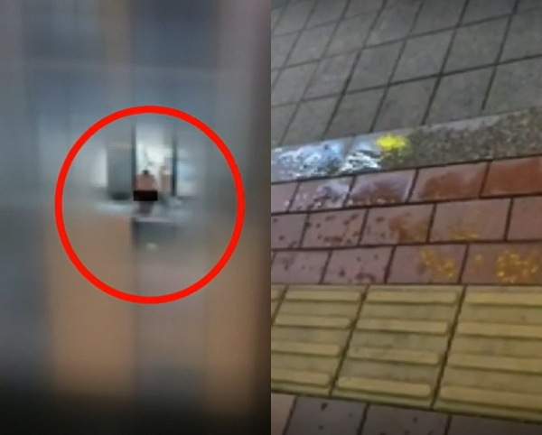 인천의 한 오피스텔 5층 테라스에서 지상의 행인들에게 소변을 발사한 남성 영상이 공개돼 충격을 안겼다. 사진은 한 남성이 오피스텔 테라스에서 소변을 보는 모습과(왼쪽) 길가에 뿌려진 소변. /사진=JTBC '사건반장' 캡처
