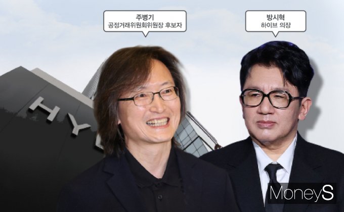 주병기 공정거래위원장 후보자(왼쪽)와 방시혁 하이브 의장. /그래픽=김은옥 기자