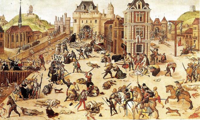 성 바르톨로메오 축일 학살 사건을 묘사한 그림. (출처: Fran&ccedil;ois Dubois, 1572, Public domain, via Wikimedia Commons)