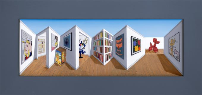 Gallery, 2024, oil and collage on board, 46.1 x 97.4 x 13.5 cm (박여숙화랑 제공)