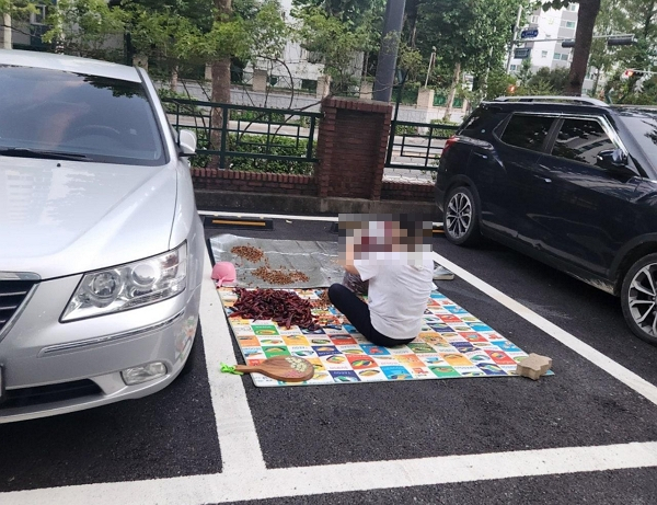 주차 자리 한 칸을 차지하고 고추를 다듬는 입주민의 모습이 포착됐다. 사진은 아파트 주차장에 돗자리를 펼쳐 고추를 다듬는 중년 여성. /사진=보배드림 캡처