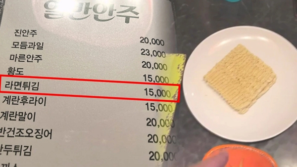 경남 마산의 한 노래방이 바가지 논란에 휩싸였다. 사진은 경남 마산의 한 노래방 메뉴판(왼쪽)과 1만5000원짜리 '라면튀김'의 모습(오른쪽). /사진=JTBC '사건반장' 캡처