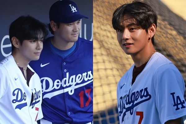 그룹 방탄소년단(BTS) 멤버 뷔가 미국프로야구 메이저리그(MLB) 로스앤젤레스(LA) 다저스 홈경기에서 시구했다. 사진은 오타니 쇼헤이와 함께 사진을 찍은 뷔. /사진=MLB 공식 인스타그램