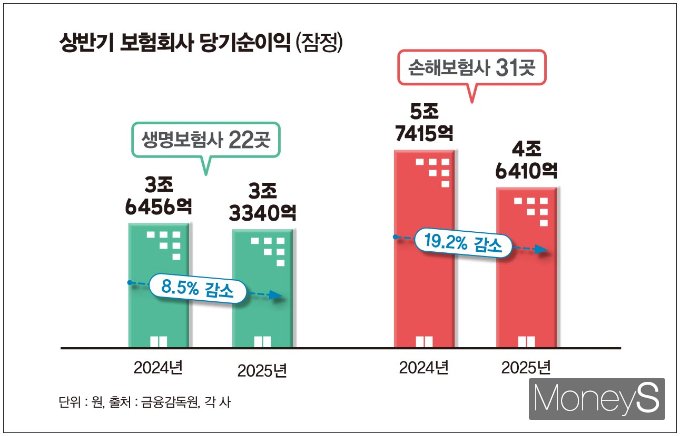 올 상반기 생명·손해보험사 당기순이익이 동반 하락한 것으로 나타났다. 그래픽은 금융감독원이 27일 발표한 '2025년 상반기 보험회사 경영실적(잠정)'에 따른 내용. /그래픽=김은옥 기자