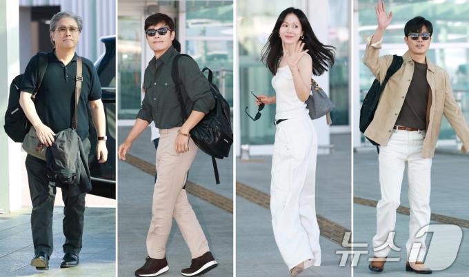'어쩔수가없다' 박찬욱 감독(왼쪽부터)과 배우 이병헌, 손예진, 박희순이 베니스국제영화제 참석을 위해 27일 오전 인천국제공항을 통해 파리로 출국하고 있다. ⓒ News1 권현진 기자