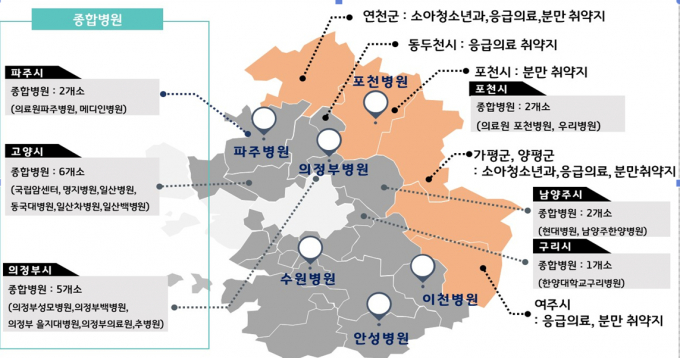 경기 북부지역 종합병원과 의료취약지 현황. /사진제공=경기도 
