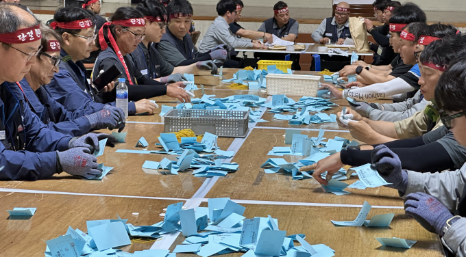  HD현대중공업 노동조합이 29일 부분 파업을 진행한다. 사진은 HD현대중공업 노조 조합원들이 지난달 22일 울산 본사 체육관에서 올해 임금 및 단체협상 잠정합의안 조합원 찬반투표 개표를 하던 모습. /사진=금속노조 현대중공업지부