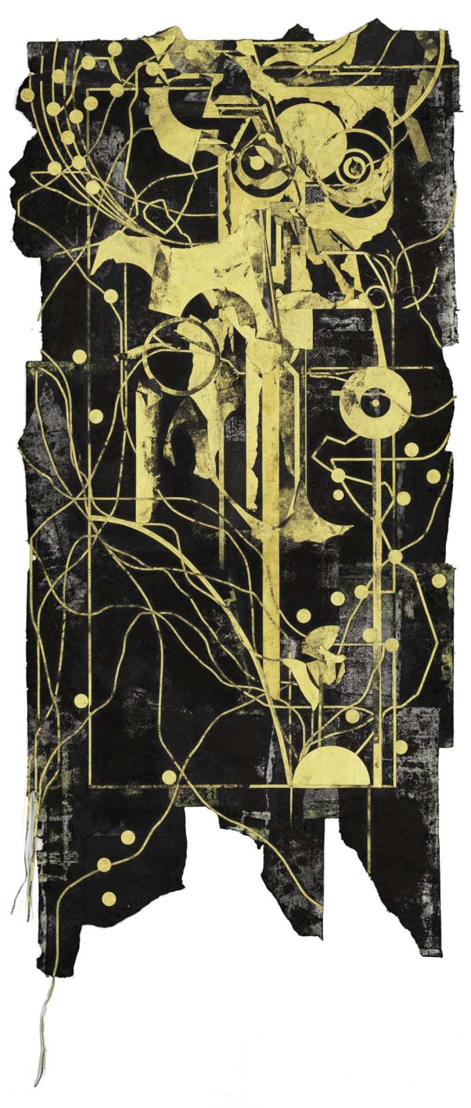 이소정, 노지 밀식 露地 密植 3, 먹, 과슈, 아크릴, 종이 콜라쥬 ink, gouache, acrylic and paper collages, 222x100cm, 2025 (갤러리2 제공)