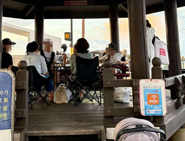 제주의 한 공용 정자를 독차지한 여성들의 모습이 포착됐다. 사진은 제주 현사포구 정자를 차지한 여성들의 모습. /사진=보배드림 캡처
