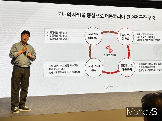 더본코리아가 'TBK' 소스를 론칭하며 해외 시장 공략에 박차를 가한다. 백종원 더본코리아 대표가 3일 기자간담회에서 사업 전력을 소개하고 있다. /사진=고현솔 기자
