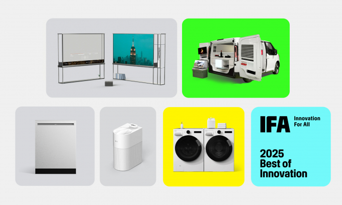 IFA 이노베이션 어워드에서 베스트 오브 IFA 및 홈엔터테인먼트 부문 최우수상을 받은 LG 시그니처 올레드 T(시계방향), 모빌리티 부문 최우수상을 받은 슈필라움, 가전 부문 최우수상을 받은 AI 기능 식기세척기와 미세 플라스틱 필터, 접근성 부문 최우수상으로 선정된 LG 컴포트 키트. / 사진=LG전자