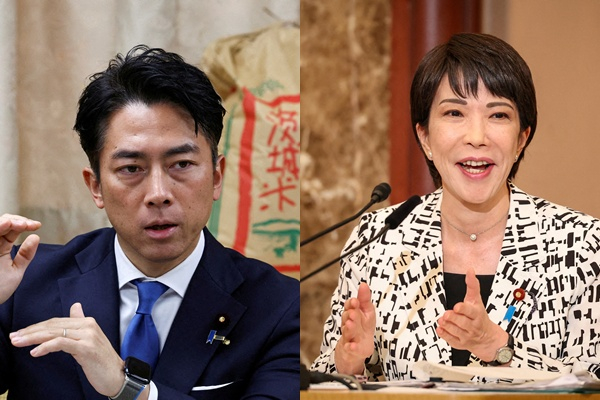 이시바 시게루 일본 총리가 자민당 총재직에서 사임하면서 새로운 총재 후보로  고이즈미 신지로 농림수산상, 다카이치 사나에 경제안보담당상 등이 거론된다. 사진은 (왼쪽) 지난 5월29일 일본 됴쿄에서 열린 쌀 시식 행사에 참석한 고이즈미 농림수산상이 연설하는 모습. (오른쪽) 다카이치 경제안보담당상이 지난해 9월14일 일본 도쿄에서 열린 토론에 참석해 연설하는 모습. /사진=로이터