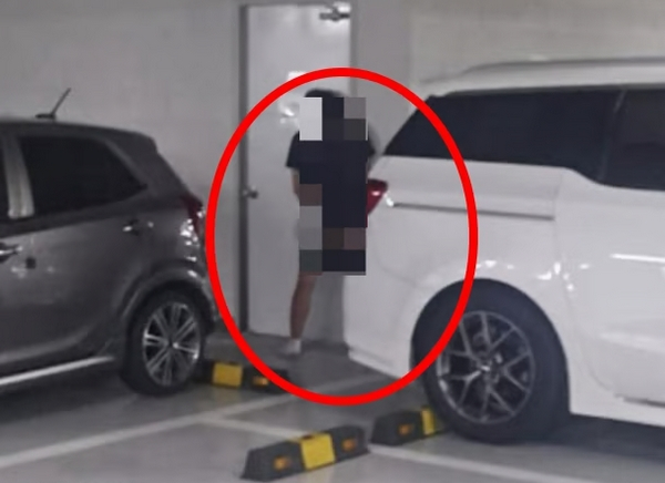 서울 강서구 한 아파트 지하주차장에서 한 남성이 바지와 신발을 벗은 채 노상방뇨하는 모습이 포착됐다. 사진은 한 남성이 서울 강서구 소재 아파트 지하주차장에서 노상방뇨 중인 모습. /사진=보배드림 캡처