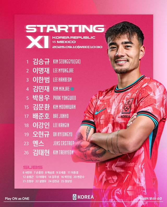 독일 혼혈 옌스 카스트로프가 A매치 선발 데뷔전을 갖는다. 사진은 10일(한국시각) 멕시코전에 나서는 한국 축구대표팀 선발 명단. /사진=대한축구협회(KFA) 인스타그램 캡처