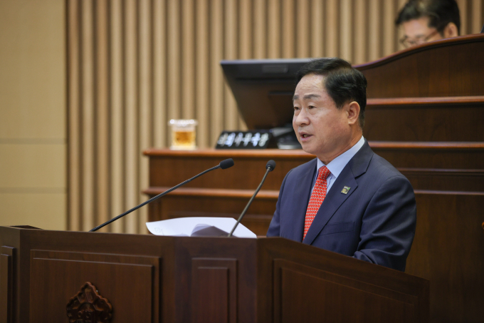 제314회 남양주시의회 임시회에서 제안설명하는 주광덕 남양주시장. /사진제공=남양주시