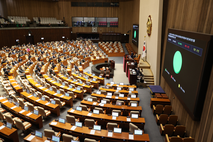 수사 기간 연장·인력 증원을 하는 대신 군 검찰 지휘권, 재판 공개 의무 조항 등을 완화한 '3대 특검법(내란·김건희·채 상병) 개정안'이 11일 여당 주도로 국회 본회의를 통과했다. 사진은 11일 서울 여의도 국회에서 열린 제249회국회(정기회) 제4차 본회의에서 3대 특검법이 재적298인, 재석 168인, 찬성 168인으로 통과된 모습. /사진=뉴시스