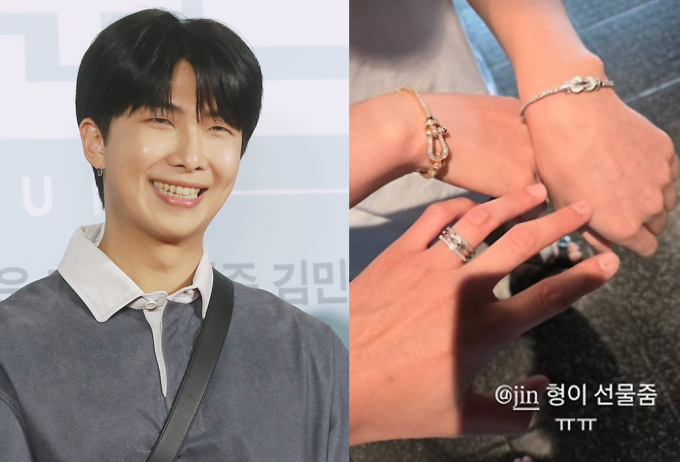 방탄소년단 RM이 팀 멤버인 진에게 약 1000만원 상당의 반지를 선물을 받아 화제가 되고 있다. 사진은 2023년 4월3일 방탄소년단 RM이 서울 CGV용산아이파크몰에서 진행된 영화 '리바운드' VIP시사회에 참석한 모습과 지난 12일 자신의 인스타그램에 멤버 진에게 선물받은 반지를 찍은 이미지. /사진=머니투데이, 방탄소년단 RM 인스타그램