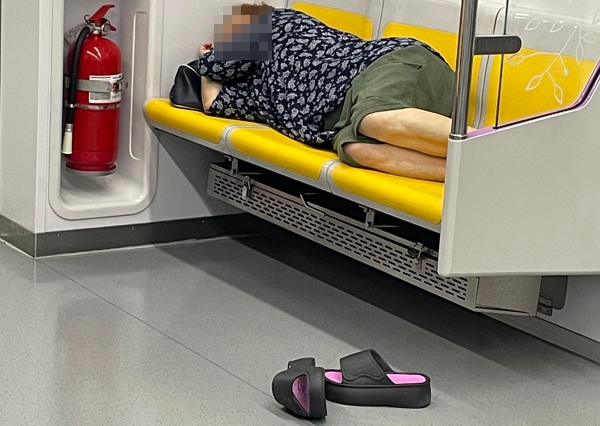 지하철에서 의자 여러 칸을 차지한 채 드러누워 자는 할머니의 모습이 포착됐다. 사진은 지하철 5호선에서 좌석 3칸을 차지하고 드러누운 여성의 모습. /사진=보배드림 캡처