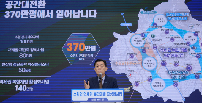 이재준 수원시장이 17일 시청에서 열린 '수원형 역세권 복합개발 활성화 사업 브리핑'에서 수원형 역세권 복합개발 활성화 방안을 밝히고 있다. /사진제공=수원시
