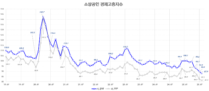 전 국민에게 지급한 민생회복 소비쿠폰이 특히 영세 중소가맹점의 매출 증가와 해당 점주의 소비여력 확대로 이어졌다는 분석이 나왔다. 그래픽은 신한카드가 정리한 소상공인 경제고충지수. /그래픽=신한카드