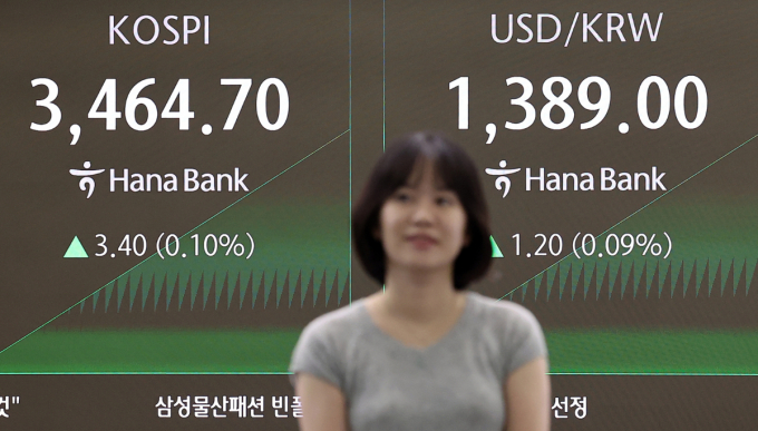 코스피가 19일 하락세다. 사진은 이날 서울 중구 하나은행 딜링룸. /사진=뉴스1