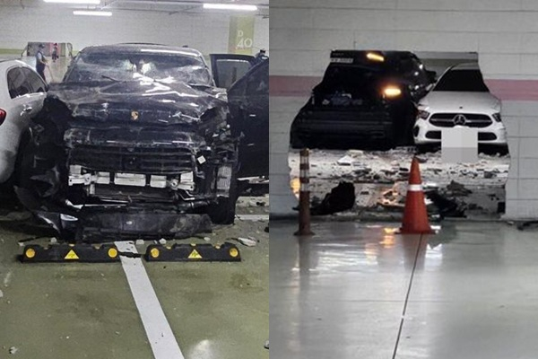 한 포르쉐 차량이 주차장 벽을 뚫고 나가는 사고가 발생한 가운데, 현장의 모습이 "만화 같다"는 반응이 쏟아지고 있다. /사진=보배드림 캡처