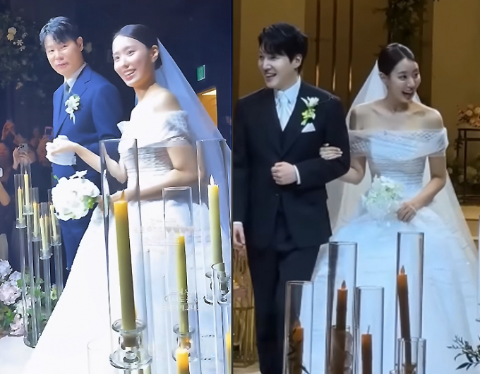  최현석 셰프가 금지옥엽 키운 딸을 시집 보내는 날 눈물을 보인것으로 전해졌다. 사진은 최현석 셰프가 딸 최연수의 손을 잡고 버진로드를 걸으며 입장하는 모습과 딕펑스 멤버 김태현과 모델 최연수가 하객들에게 인사하며 버진로드를 퇴장하는 모습. /사진=유튜브 채널 '이슈라이크' 캡처