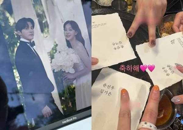 배우 윤선우, 김가은의 청첩장이 공개됐다. 사진은 배우 윤선우, 김가은 웨딩화보(왼쪽)와 청접장 전달 모습. /사진=김가은 인스타그램 캡처