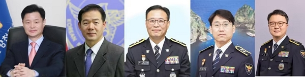 정부가 치안정감 및 치안감 고위직 전보 인사를 발표했다. 사진은 경찰청 치안정감 승진자(내정 포함) 5명. 왼쪽부터 박정보 서울경찰청장, 한창훈 인청경찰청장, 황창선 경기남부경찰청장, 엄성규 부산경찰청장 직무대리, 김성희 경찰대학장 직무대리. /사진=뉴스1