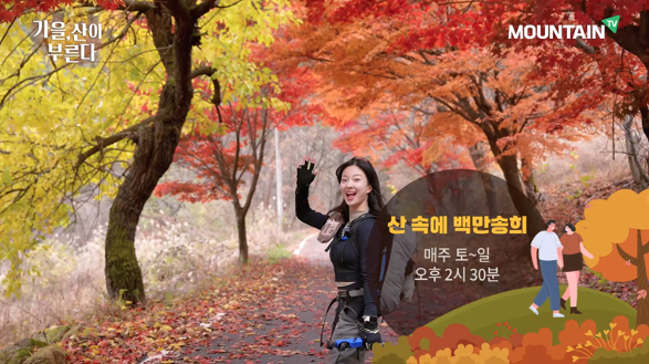 재치 있는 입담으로 세대를 아우르는 '산 속의 백만송희'도 시청자 사랑을 받고 있다. 사진은 가을 산행의 매력을 전하는 마운틴TV 프로그램. /사진=마운틴TV 제공
