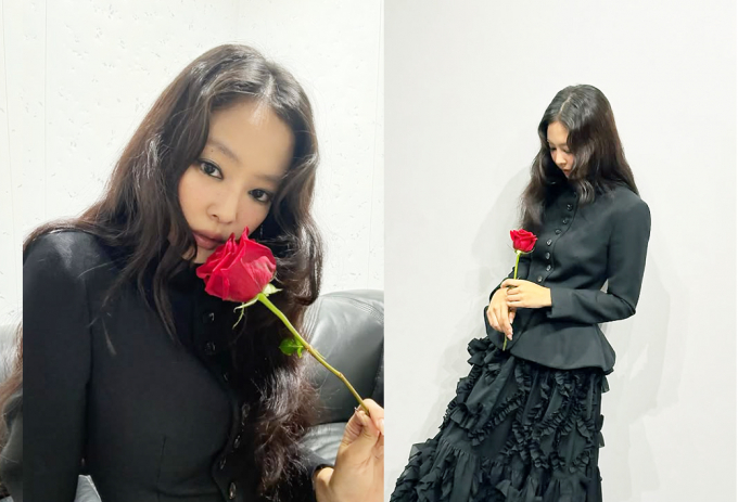 그룹 블랙핑크 멤버 제니가 지난 24일 자신의 인스타그램에 장미를 든 자신의 모습을 게재했다. 사진은 제니가 코스페틱 브랜드 행사에 참석한 모습. /사진=블랙핑크 제니 인스타그램 캡처