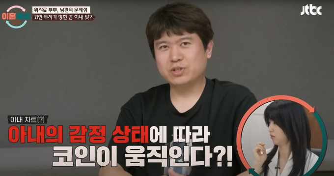 코인 투자에 몰두한 남편의 사연이 JTBC 예능 '이혼숙려캠프'에 담겼다. 해당 장면은 JTBC코인ㅌ '이혼숙려캠프'에 출연한 위자료 부부 남편이 "아내 감정에 따라 코인 차트가 움직인다"고 말하는 모습. /사진=유튜브 채널 'JTBC Voyage' 캡처