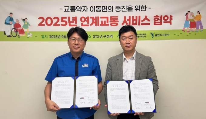  신경철 용인도시공사 사장(오른쪽)과 GTX-A운영(주)가 특별교통수단 철도 연계서비스 업무 협약을 맺고 있다. /사진제공=용인도시공사 
