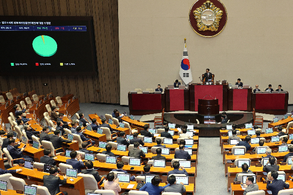 검찰청 폐지를 골자로 하는 정부조직법 개정안이 국회 본회의를 통과했다. 사진은 26일 서울 여의도 국회에서 열린 제429회국회(정기회) 9차 본회의에서 검찰청 폐지를 골자로 한 정부조직법 개정안이 통과되고 있는 모습. /사진=뉴스1