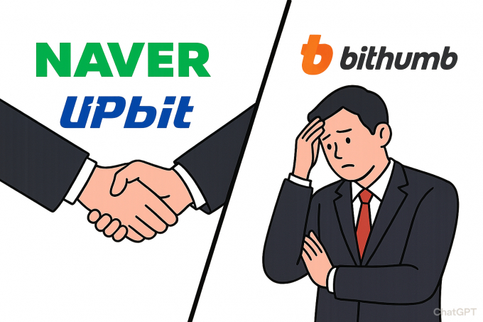 점유율 격차 속 네이버와 업비트의 연합에 맞서는 빗썸에 대해 챗GPT가 제작한 이미지/사진=챗GPT