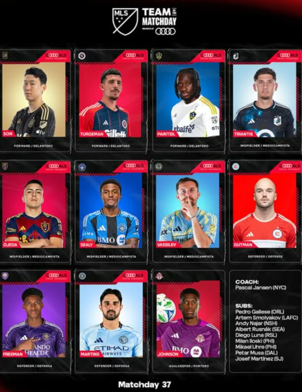 LA FC 손흥민이 네 번째 베스트일레븐에 선정되는 영광을 누렸다. 사진은 매치데이 37 팀 오브 더 매치데이에 선정된 11인의 선수 중 손흥민(왼쪽 상단)이 포함된 모습. /사진=MLS 인스타그램 캡처