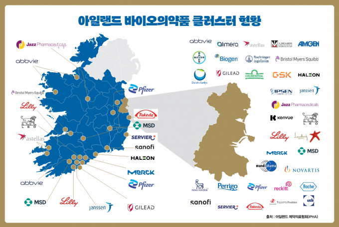 글로벌 제약·바이오 기업들이 아일랜드로 속속 몰려들면서 아일랜드는 바이오의약품 클러스터로 발돋움했다. /그래픽=강지호 기자