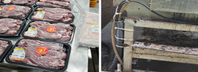 추석성수식품 온라인판매 불법행위 집중수사에서 적발한 '폐기용' 미표시한 소비기한 경과 제품(왼쪽)과 기름때 등으로 오염된 조미김 제조기계(오른쪽).  /사진제공=경기도