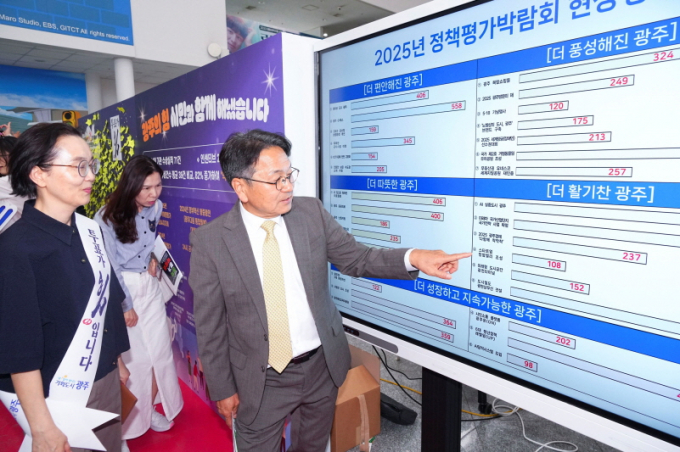 강기정 광주시장이 '제 60회 광주시민의 날'을 맞아 지난 5월25일 시청 1층 시민홀에서 열린 '정책평가박람회'에서 우수정책 선정을 위한 현장투표에 참여하고 있다./사진=광주시