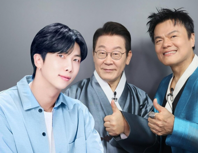 이재명 대통령이 방탄소년단 RM 프레임으로 촬영한 네 컷 사진을 공개하자 RM이 "합성이냐"며 놀라움을 표했다. 사진은 이재명 대통령과 박진영 대중문화교류위원장이 RM이 등장하는 프레임으로 네 컷 사진을 촬영할 수 있는 즉석 사진관에서 포즈를 취한 모습. /사진=이재명 대통령 엑스(X·옛 트위터) 캡처