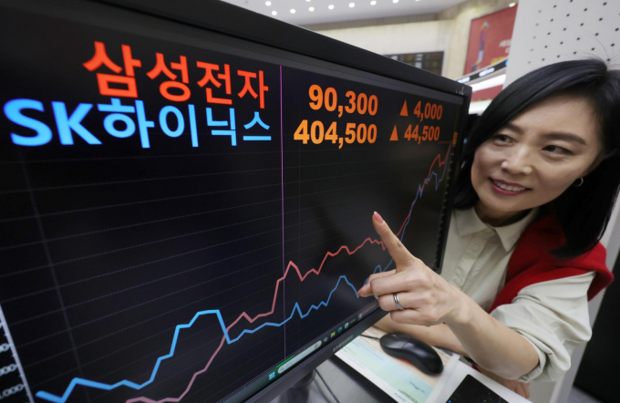 지난 2일 코스피는 사상 최초 3500선을 돌파했다. 이날 서울 영등포구 한국거래소 서울사무소 홍보관에 장중 9만원을 터치한 삼성전자와 장중 40만원을 넘은 SK하이닉스의 장중 최고치가 표시되고 있다./사진=뉴시스