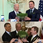 1830년대 생계에 위협을 느낀 아일랜드인들은 일찌감치 미국으로 이민을 떠났고 이들인 미국의 정재계를 주무르는 핵심 인물로 자리잡았다. 미국 대통령 46명 중 조 바이든, 버락 오바마 포함 23명이 아일랜드계다. 사진은 세인트 패트릭 데이(3월17일)에 바이든과 오바마 대통령이 백악관에서 아일랜드 총리로부터 &#039;샴록&#039;을 받아드는 모습. 샴록은 아일랜드의 상징으로 &#039;행운&#039;, &#039;희망&#039;, &#039;조화&#039;를 뜻한다. /사진=로이터