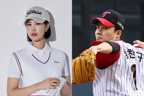 LG 트윈스 투수 임찬규(33·왼쪽)와 가수 겸 배우 손나은의 동생인 프로골퍼 손새은(28·오른쪽)이 오는 12월 결혼한다는 보도가 나왔지만, 사실이 아니라고 임찬규가 직접 부인했다./사진=손새은 인스타그램, 뉴스1
