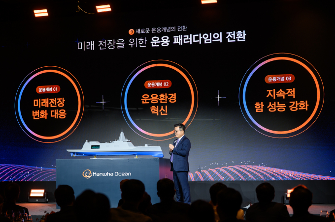한화오션 특수선사업부가 14일 개최한 ‘제3회 차세대 함정 기술 연구회’에서 어성철 사장(특수선사업부장)이 ‘차세대 전략 수상함’ 모형을 공개하고 있다. /사진=한화오션 