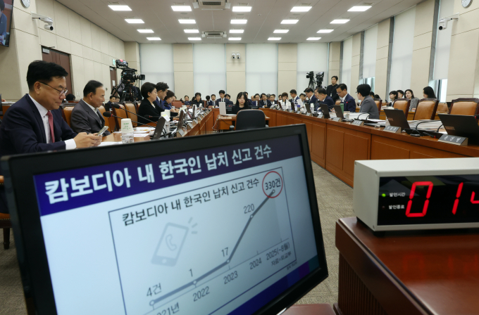 정부가 캄보디아 정부 수사 공조 태도 논란에 대해 내년도 신규 ODA 예산을 신중히 검토하겠다고 전했다. 사진은 박정현 더불어민주당 의원이 지난 14일 서울 여의도 국회에서 열린 행정안전위원회의 행정안전부 등 국정감사에서 캄보디아 내 한국인 납치 신고 관련 질의를 하는 모습. /사진=뉴시스
