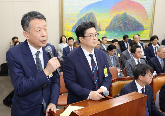 [서울=뉴시스] 배훈식 기자 = 김광일 홈플러스 대표이사가 14일 오후 서울 여의도 국회에서 열린 정무위원회 국정감사에서 의원 질의에 답변하고 있다. 오른쪽은 김병주 MBK파트너스 회장. 2025.10.14. dahora83@newsis.com /사진=배훈식