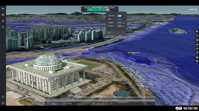 이지스는 3D GIS 기술을 활용해 개발한 디지털 어스 플랫폼을 국내외 공공기관이나 기업에 제공한다. 사진은 이지스가 개발한 홍수 예측 및 분석 설루션인 XDFlood. /사진제공=이지스 홈페이지