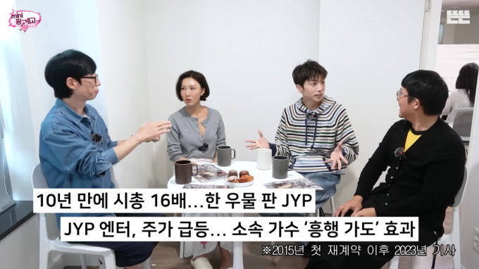 그룹 2PM 장우영이 지난 16일 유튜브 채널 '뜬뜬'에 출연해 JYP엔터테인먼트 주식을 받지 않은 것에 대한 아쉬움을 토로했다. 해당 장면은 JYP 대외협력이사라고 소개한 장우영이 지분과 관련한 질문에 답하는 모습. /사진=유튜브 채널 '뜬뜬' 캡처